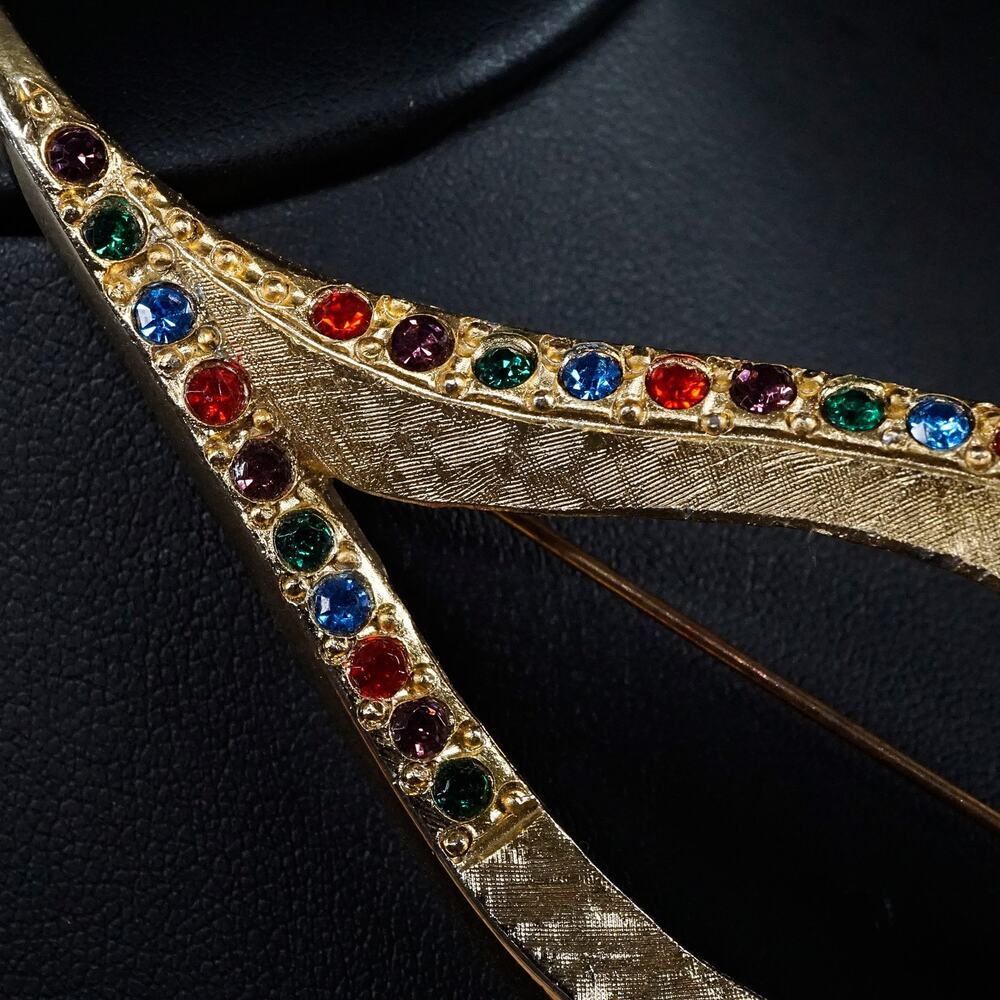 Vintage Designer Leaf Motif Rhinestone Brooch Multicolor Gold-Tone Maximalist - Picture 8 of 8